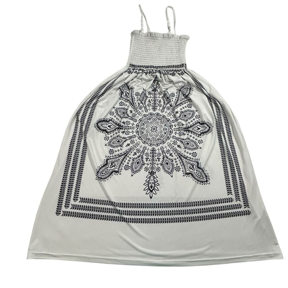 Cristina Love White Smocked Sundress Black Bandana Paisley Mandala Print Medium